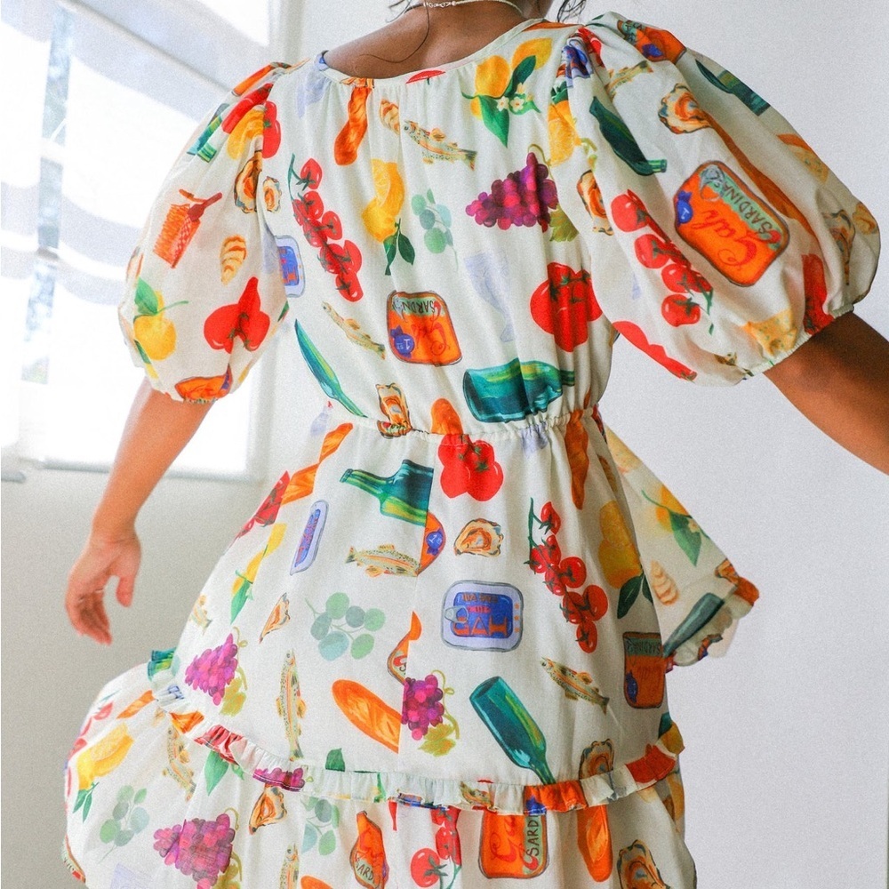 Lisa Says Gah Cream Mini Dress with Multicolor Fruit & Food Print - Picture 2 of 12